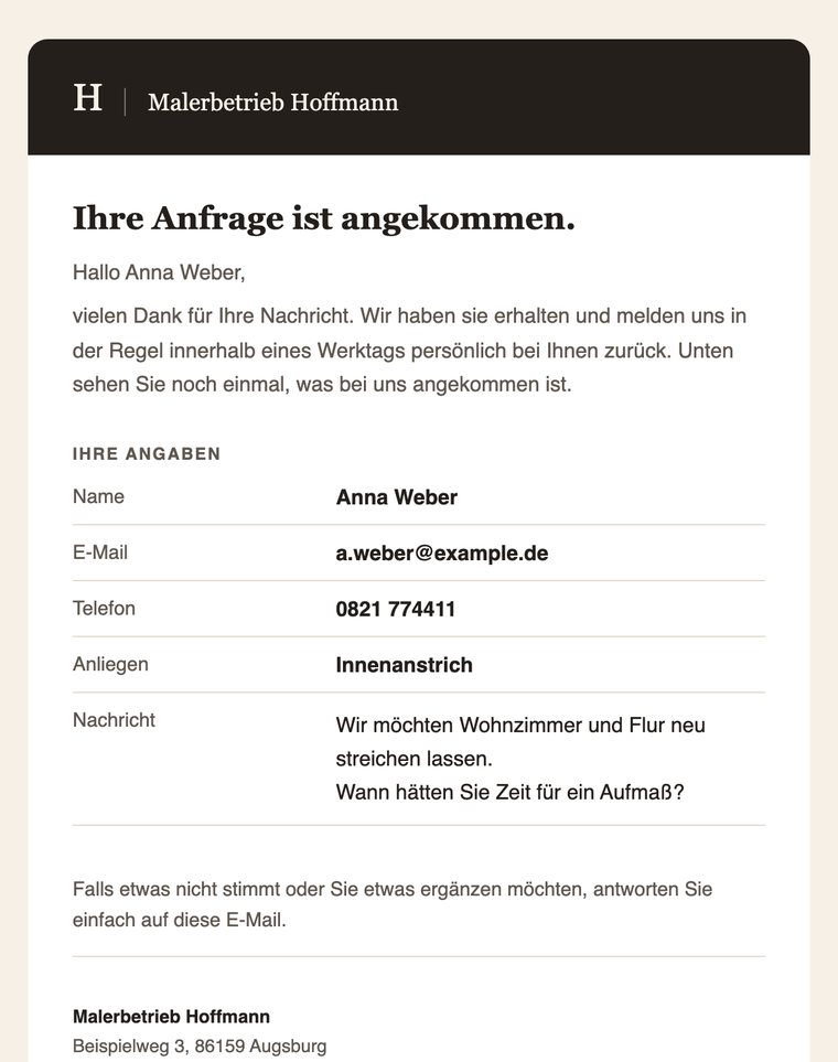 Bestätigungsmail in der Gestaltung der Studie Malerbetrieb Hoffmann