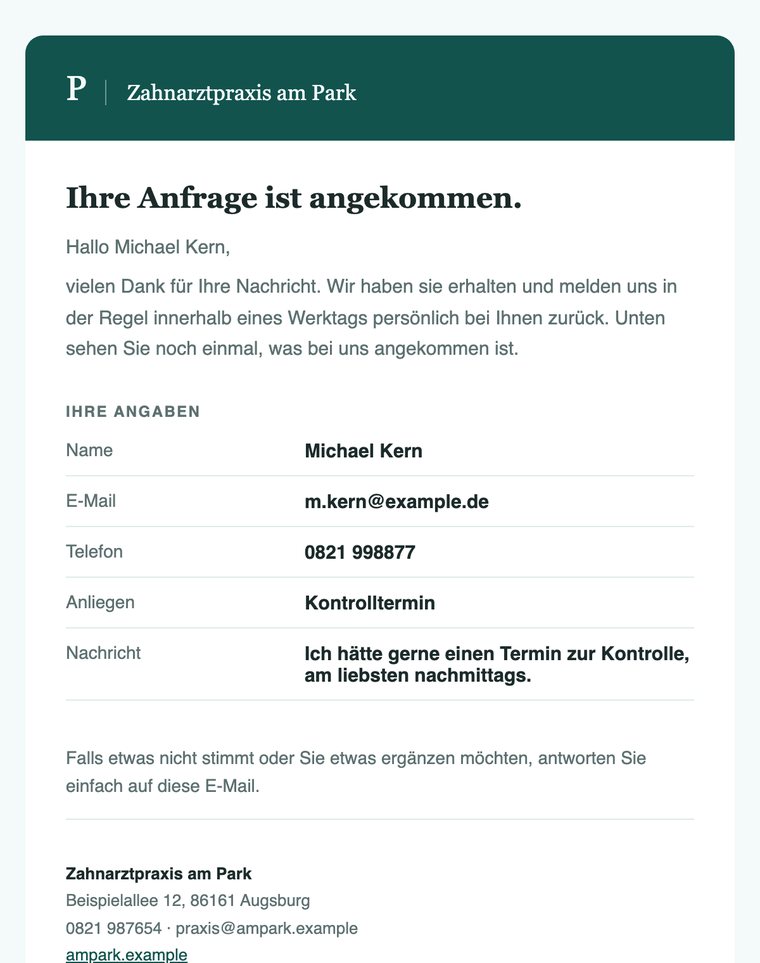 Bestätigungsmail in der Gestaltung der Studie Zahnarztpraxis am Park