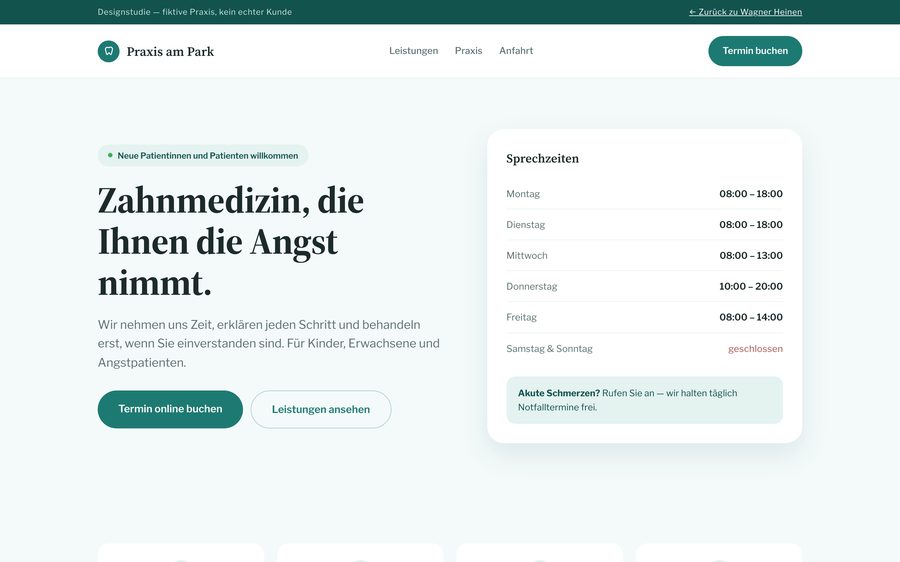 Startseite der Designstudie Zahnarztpraxis am Park